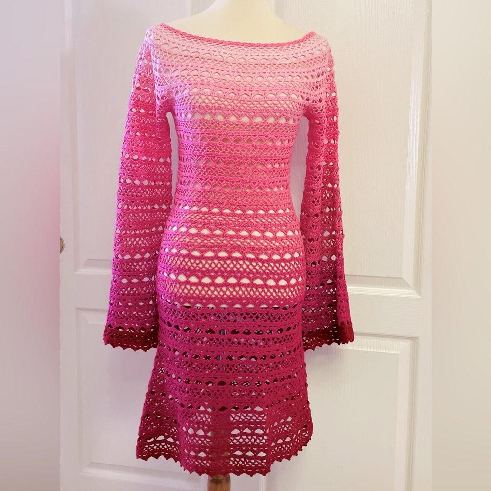 Dress long sleeve crochet handmade new white tags size small-medium pink color